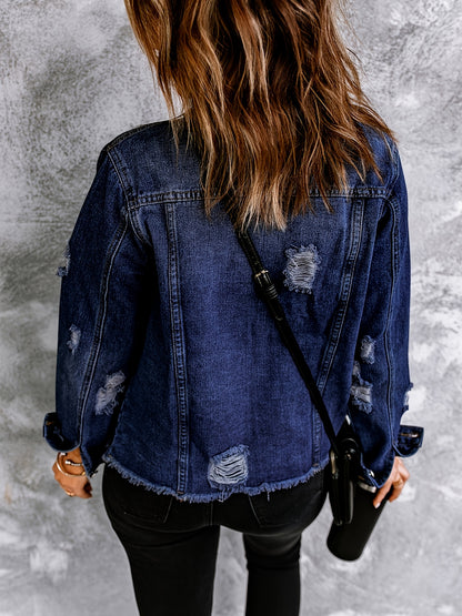Washed Out Women's Denim Jacket with Pockets; Boyfriend Style; Distressed Look.
