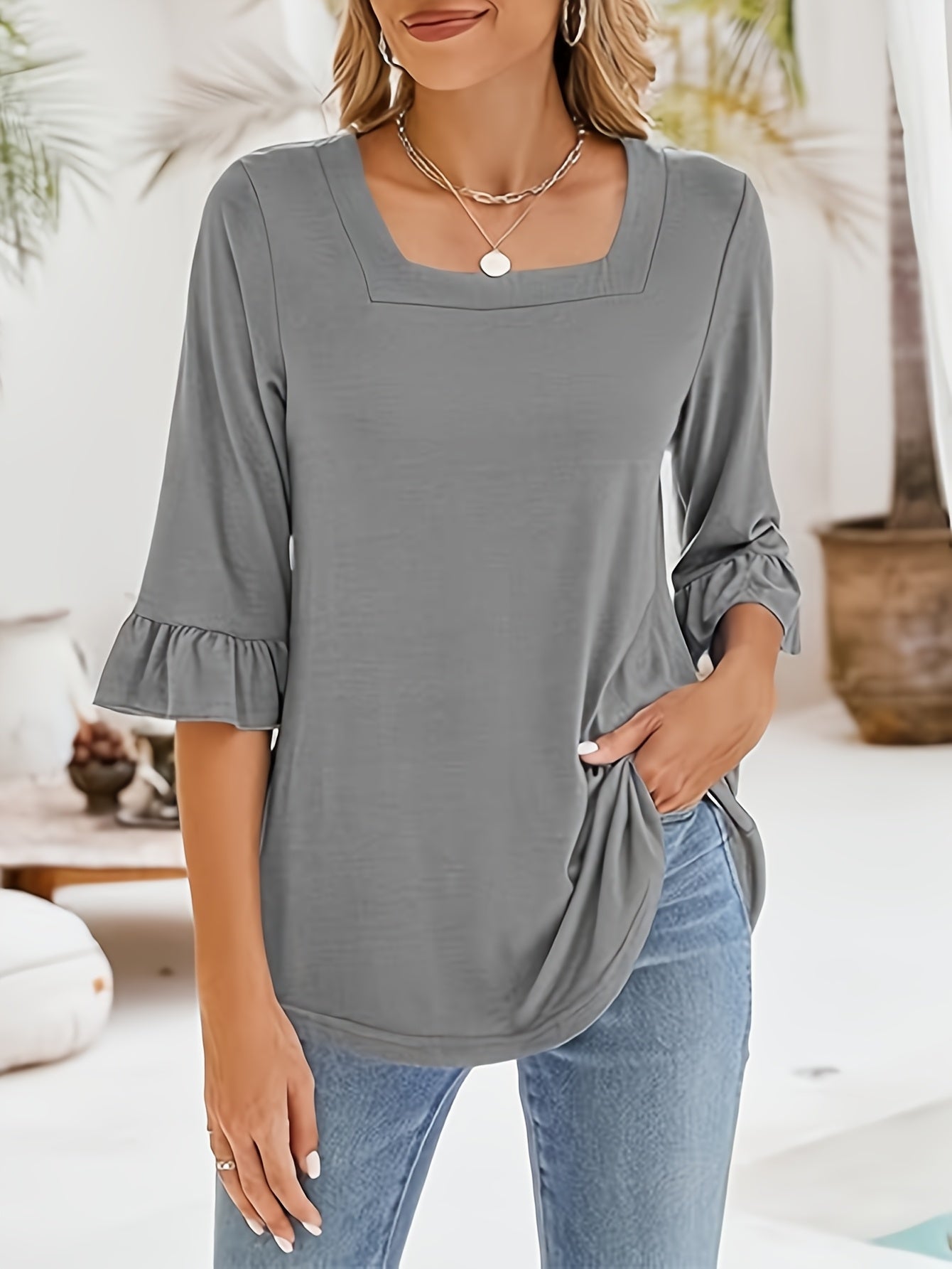 Women'S Casual Chic 3/4 Sleeve Square Neck Ruffle Hem T-Shirt - Soft Peach, Loose Fit, Machine Washable, Perfect for Casual Attire, Blouse with Elegant Ruffle Hem