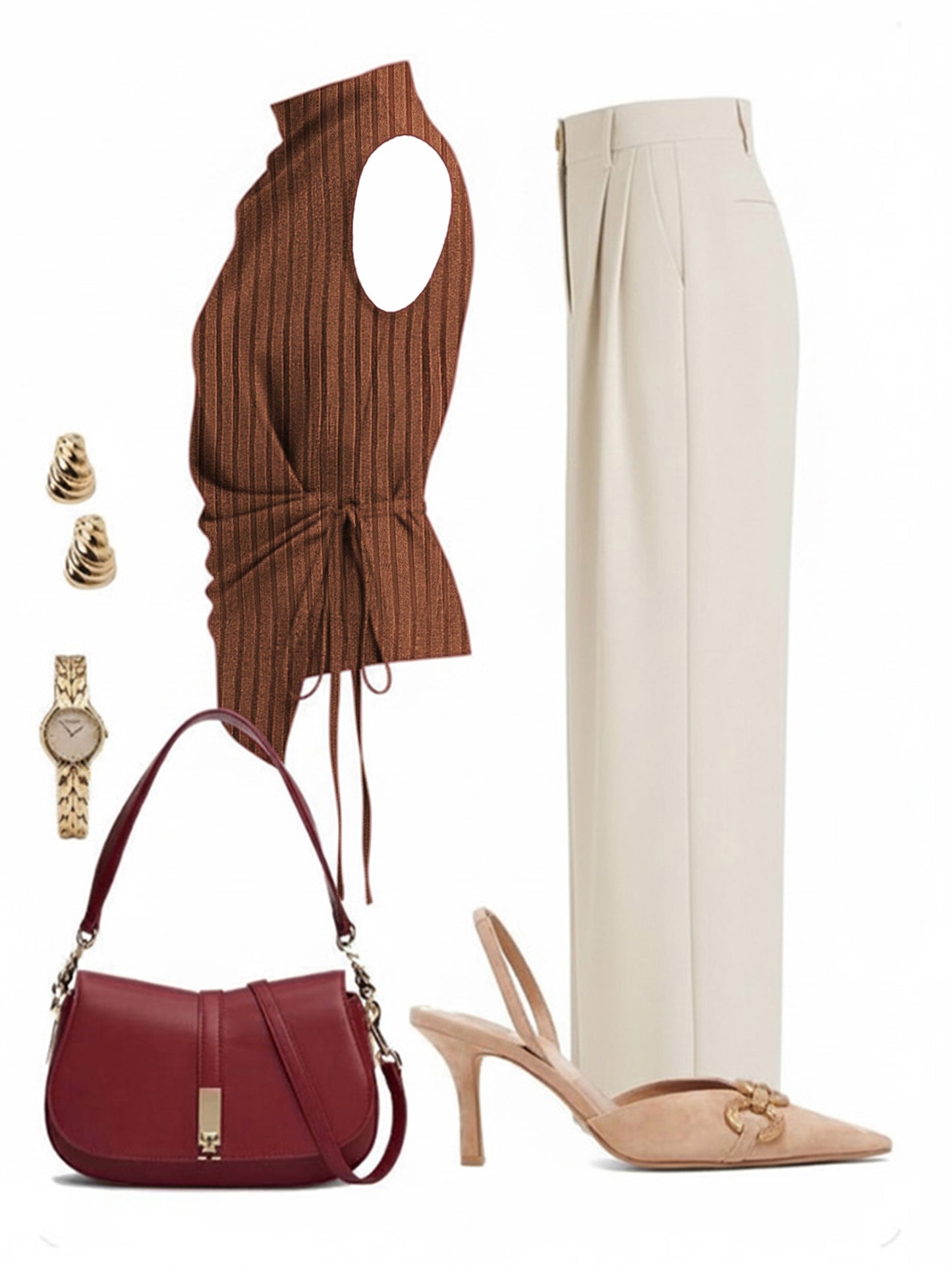 2pcs Set: Burgundy Sleeveless Drawstring Top And Wide-Leg Pants | Women'S | Elegant And Gentle Light Commuter Style Pieces, Suitable for The Workplace, Afternoon Tea Dates, And Spring/Fall Outfits. [Does Not Include Other Combination Items]