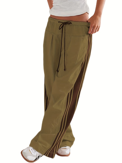 Women's Wide Leg Pants Drawstring High Rise Side Striped Slouchy Palazzo Pants with Pockets
