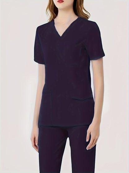 Ultra-Soft Womens Two-Piece Health Care Uniform Set - Stylish V-Neck Top With Practical Pockets & Sleek Solid Pants - Premium Quality, Comfortable Everyday Wear For Women