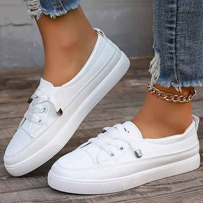 [Non-Slip White Sneakers] Women's Non-Slip White Fashion Sneakers - Wide Toe Lace-Up PU Skate Shoes, Lightweight and Wear-Resistant Outsole Wide-Fit Comfortable Casual Shoes, Shock-Absorbing Soles, Suitable for Daily Commute, Campus, Travel, Outdoor Activ