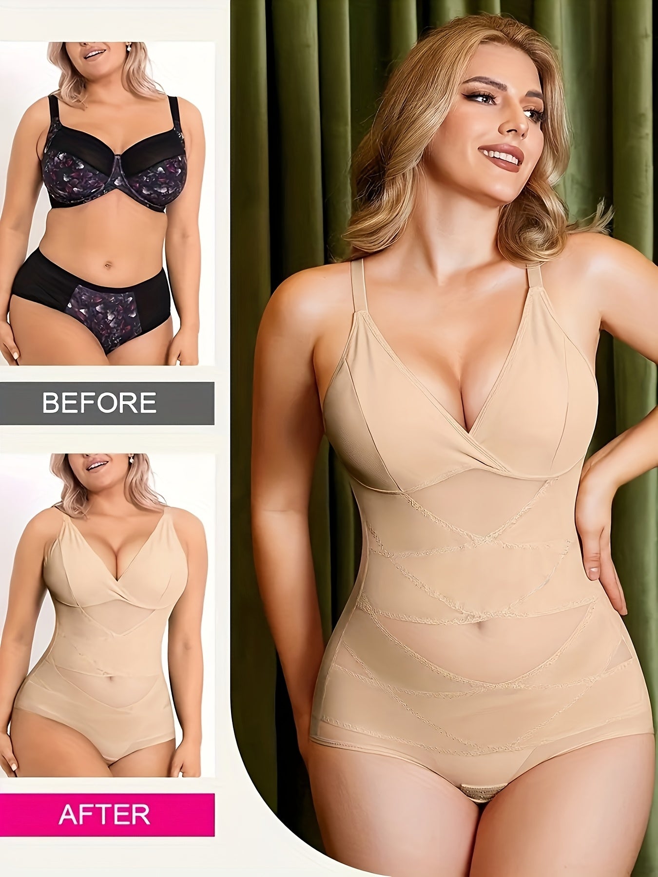 Sexy Deep V-neck Women'S Shapewear, With Cross Cinching And Chest Lifting Straps And Detachable Chest Pads, Can Be Worn All Day Long With Breathable Mesh Deep V-neck Design, With Quick Snap Cinching And Hip Lifting, Full Body Shapewear