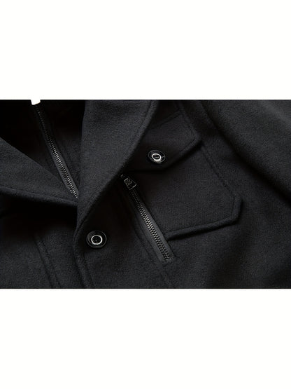 Men's Stand Collar Fleece Blend Pea Coats with Removable Inner Collar Single Breasted Overcoat