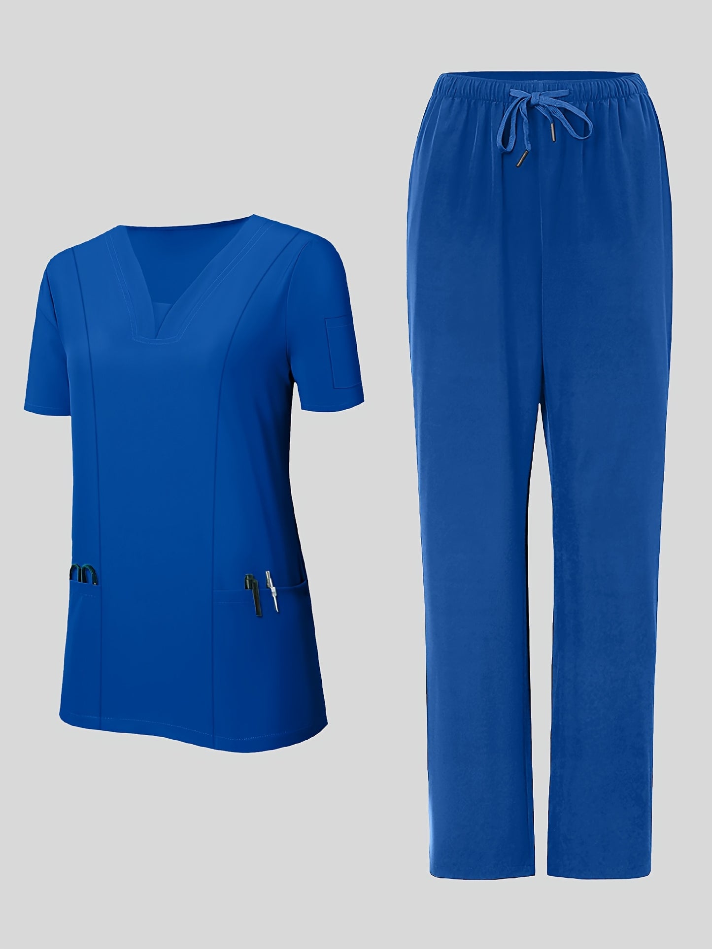 2pcs Women's Breathable V-Neck Work Uniform - Machine Washable Pocket Detail Matching Top & Pants, Casual Work Clothes Suitable for Work Uniforms, Healthcare, Education, Retail - Comfortable Professional Attire