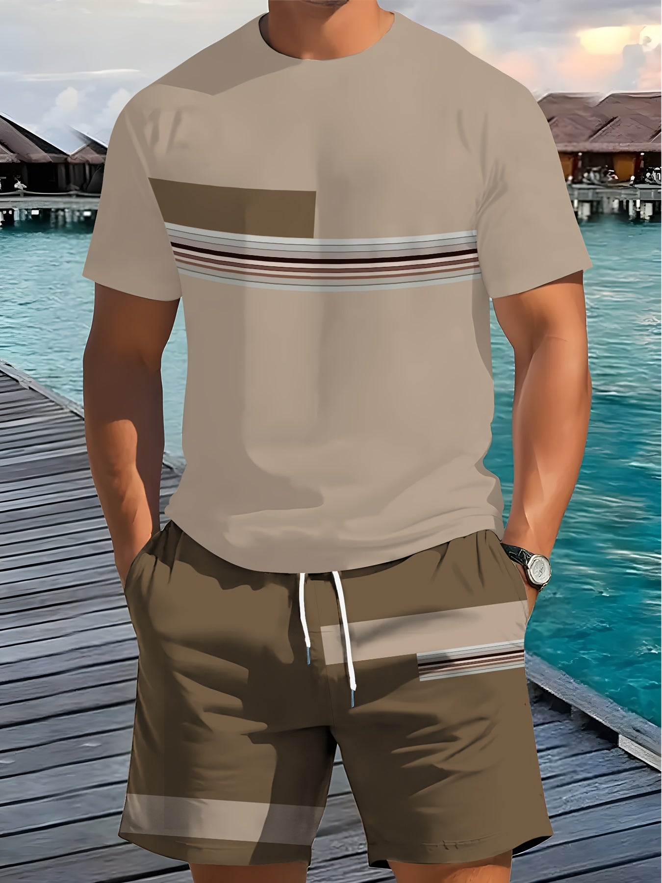 [3D Printing 2pcs Set] Summer 3D Printed Men'S Breathable Comfortable Outdoor Casual Short-Sleeve Crew Neck T-Shirt And Shorts Adult Set