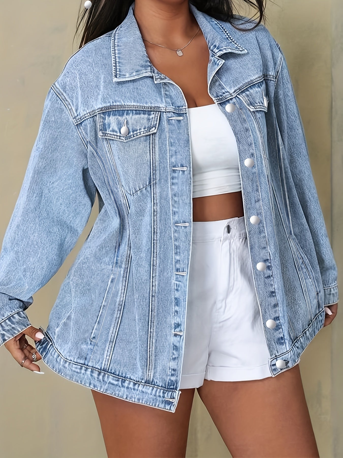 Plus Size Solid Color Collared Button-Front Denim Jacket - Women's Mature Stylish Street Casual Style Loose Fit Daily Comfortable Autumn Winter Plus Size Denim Top