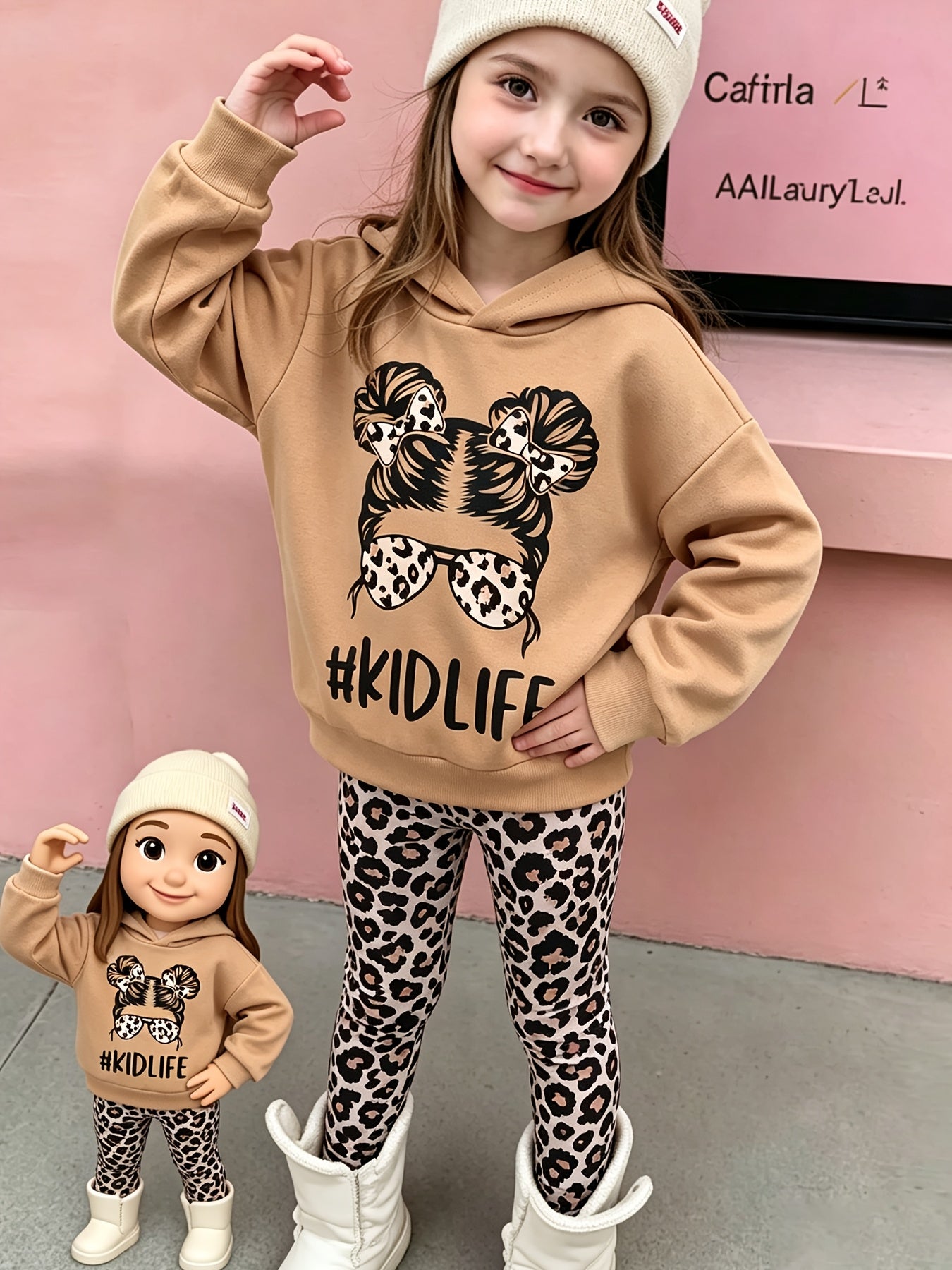 2pcs Young Girl Clothing Long Sleeve Khaki Sweatshirt Casual Set with Leopard Print Trousers Top, for Outdoor