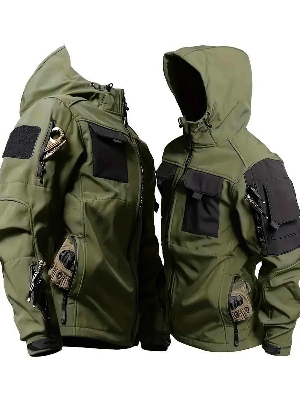 Men's Tactical Softshell Jacket - Hooded Multi-Pocket Windbreaker