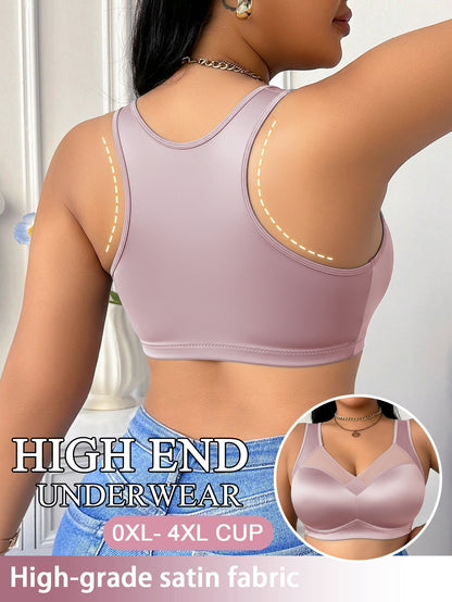 Wire-Free Plus Size Bra for Women - Mesh Design, Glossy Satin Seamless Underwear, Comfortable Breathable Soft Support, Non-Adjustable Straps with Non-Removable Padding, Nylon Smooth Plus Size Bra, Perfect for Everyday Casual Wear
