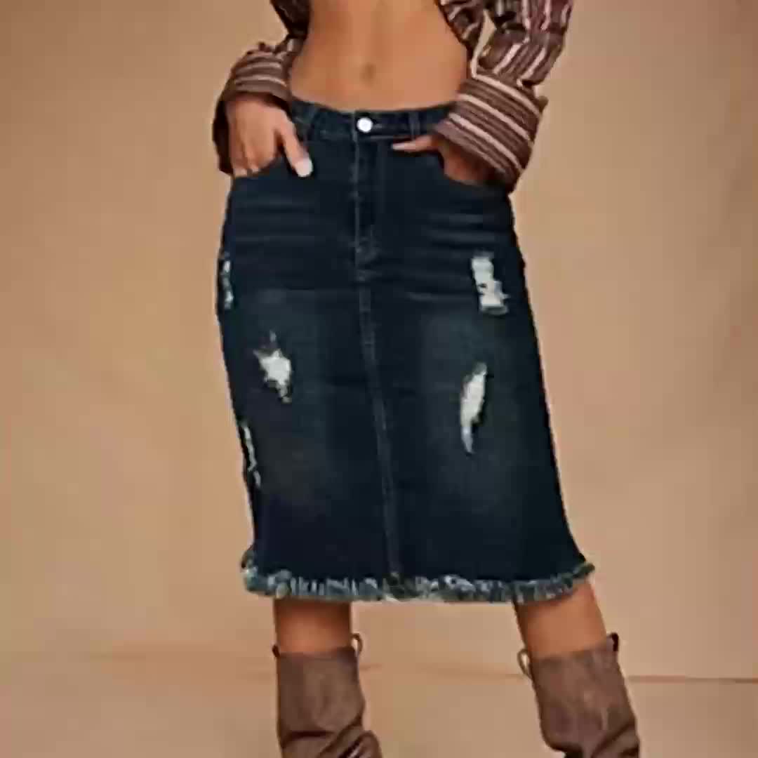 Women's Navy Color Denim Printed Skirt - product view 4