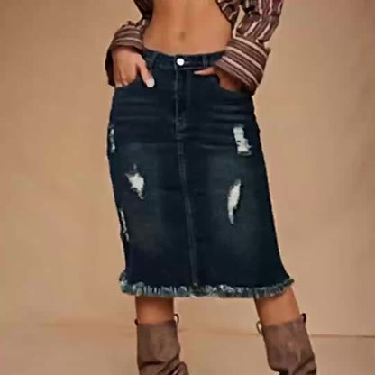 Women's Navy Color Denim Printed Skirt - product view 4