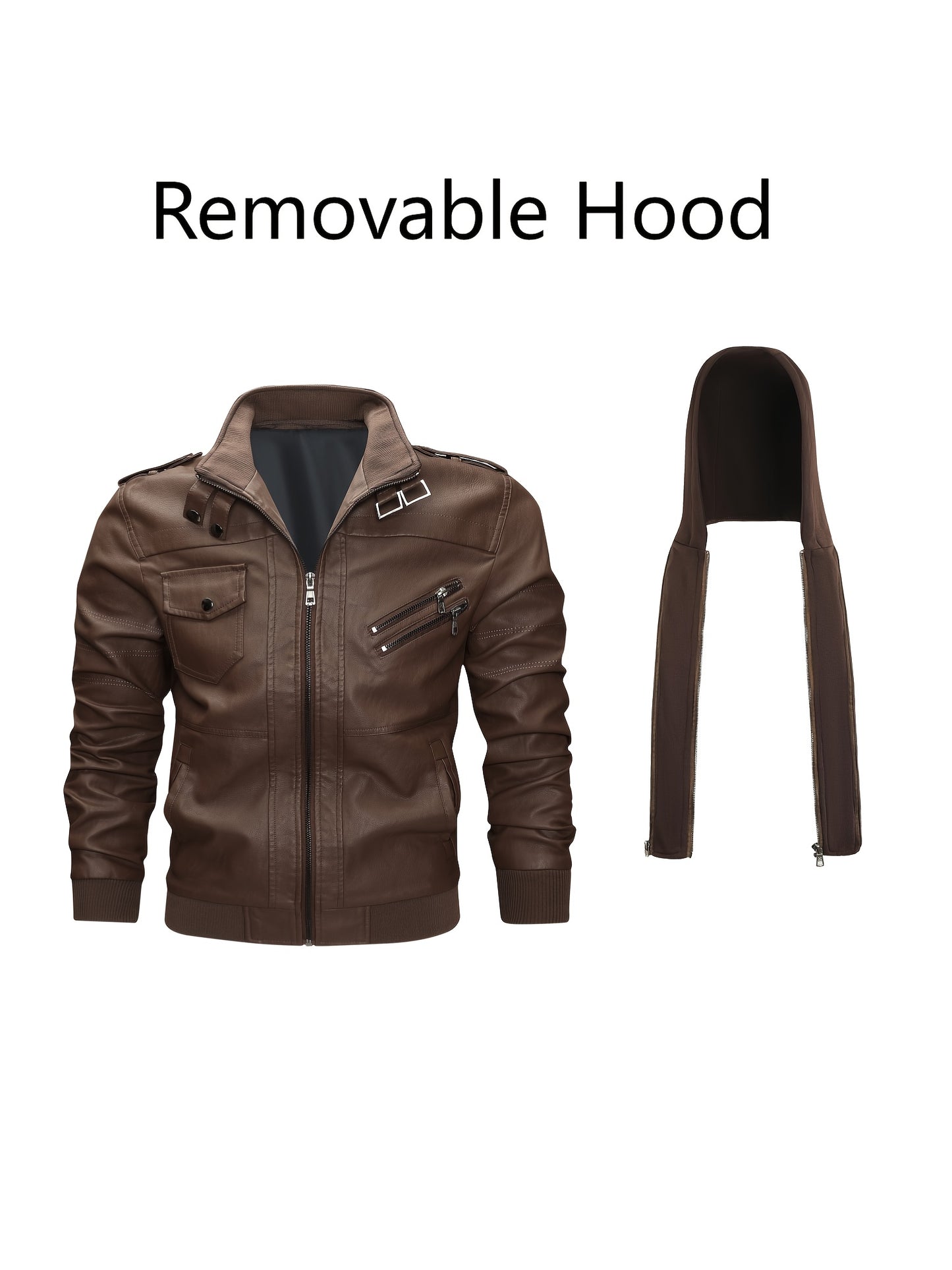 Men's PU Leather Jacket Motorcycle Jacket High Quality Windproof (Belt Included) PU Moto Vintage Bomber Hoodie with Removable Hood