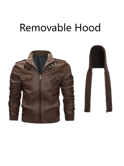 Men's PU Leather Jacket Motorcycle Jacket High Quality Windproof (Belt Included) PU Moto Vintage Bomber Hoodie with Removable Hood