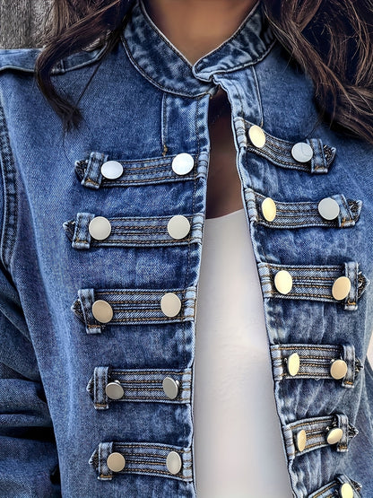 Women'S Fashion Stand-Collar Short Denim Jacket, Featuring Double-Breasted And Open Placket Design. This Classic Washed Blue Casual Denim Coat Is Suitable for Spring And Autumn Seasons As Well As Various Occasions