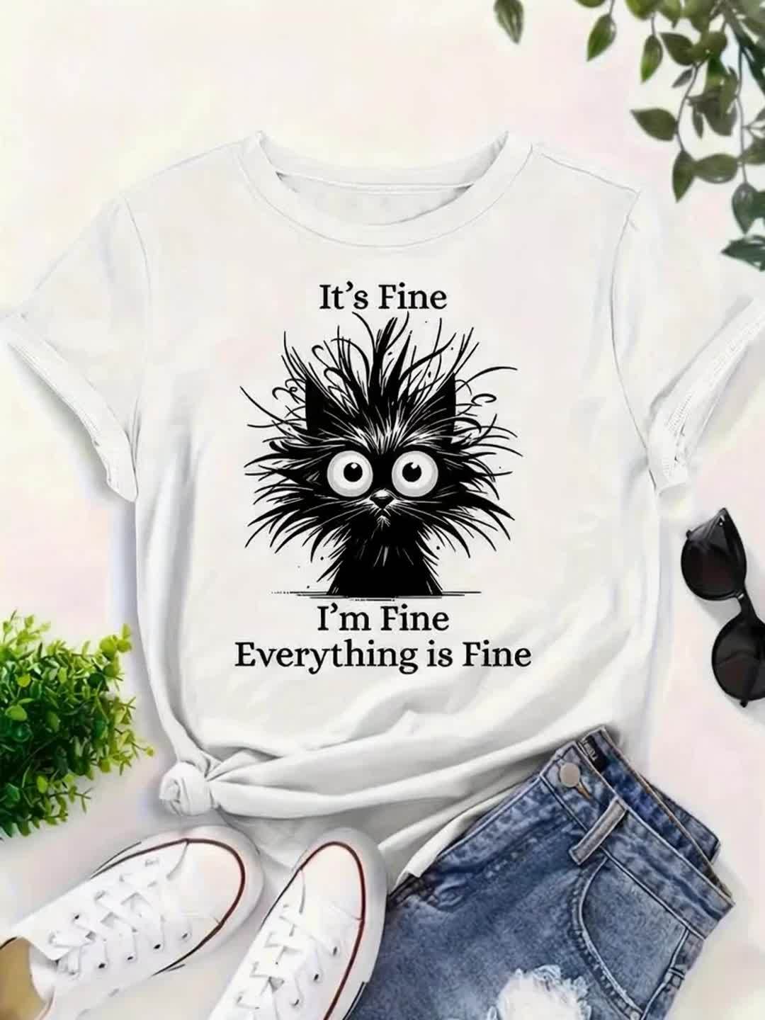 Whimsical "It's Okay, I'm Fine, Everything's Fine" Women's Cat Print T-shirt - Light Blue, Casual Version, Round Neck, Short Sleeve, Polyester, Machine Washable