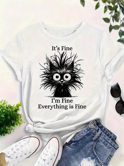 Whimsical "It's Okay, I'm Fine, Everything's Fine" Women's Cat Print T-shirt - Light Blue, Casual Version, Round Neck, Short Sleeve, Polyester, Machine Washable