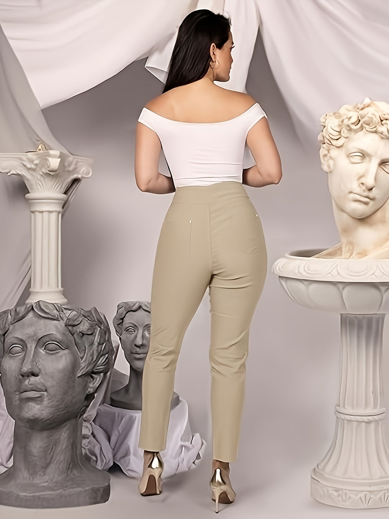 Slim Fit High-Waisted Pants for Women Featuring Five Pockets, Designed for Easy Pull-On Wear, Suitable for Work Or Casual Office Settings