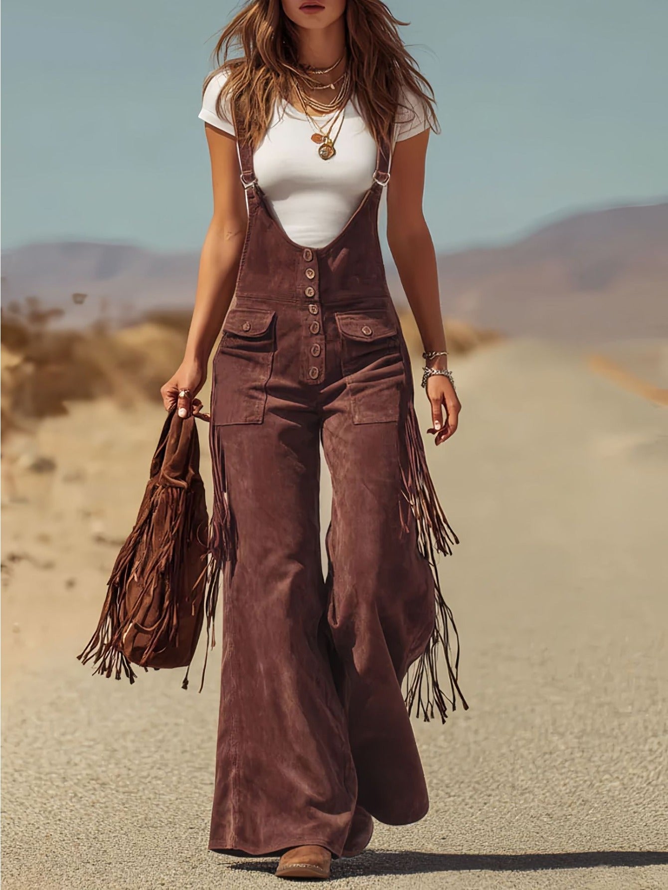 Vintage Fringe Detail Overalls, Loose Wide Leg Design, Fashion Youthful Casual Style, Daily Outing Travel Outfit, Versatile Multi-Occasion Wear