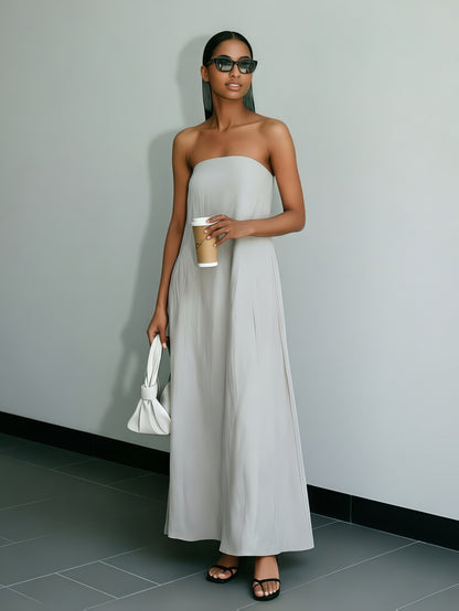 [Linen Beach Dress] Womens Linen Beach Dress Backless Sleeveless Wrap High Waist A Line Casual Summer Vacation Flowy Sundress Three Colors Light Grey Linen Beige Ivory White