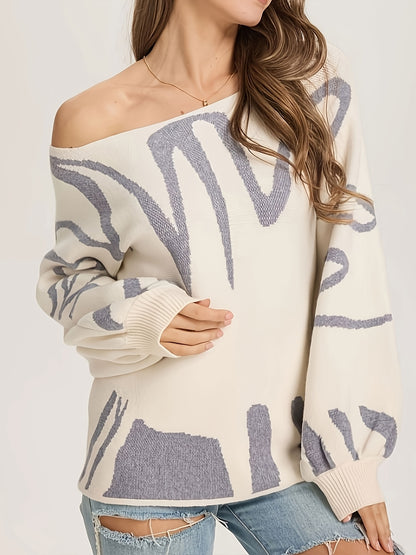 Random Pattern Boat Neck Pullover Sweater, Casual Lantern Sleeve Loose Sweater, Women's Clothing