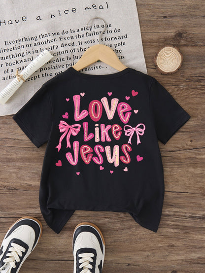 GOURD DOLL Girls' "Love Like Jesus" Inspirational Black T-Shirt - Comfy Loose Fit, Pink Bow & Heart Print, Short Sleeve, Round Neck, 100% Cotton, Machine Washable for Summer Casual Wear