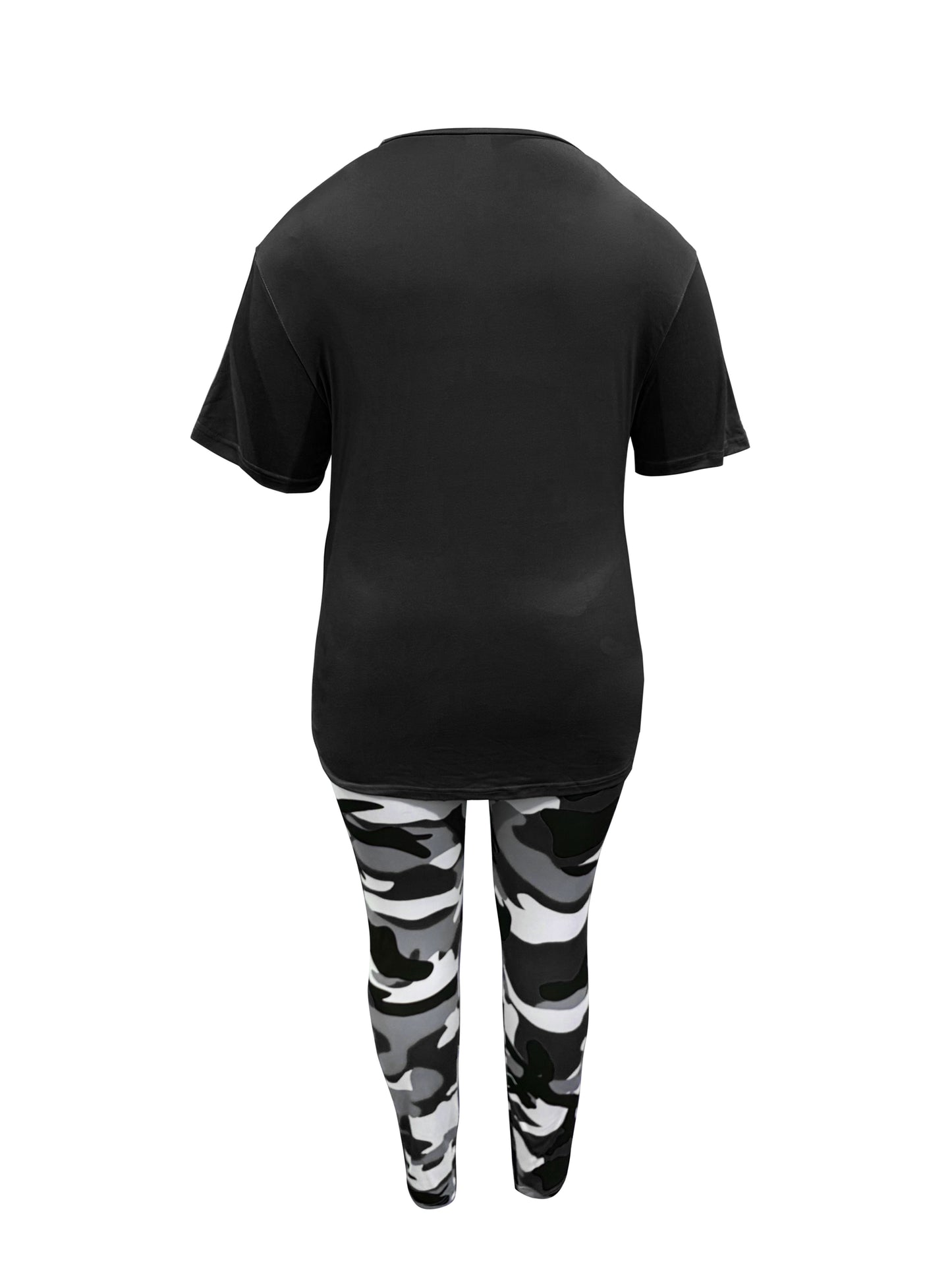 Plus Size - LADIES' Plus Size Daily Fashion Casual Set: Letter Print Crew Neck Short Sleeve T-shirt + Camouflage Long Pants With Pockets