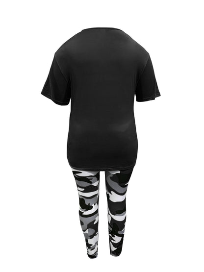 Plus Size - LADIES' Plus Size Daily Fashion Casual Set: Letter Print Crew Neck Short Sleeve T-shirt + Camouflage Long Pants With Pockets