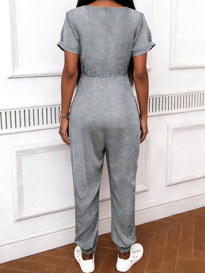 Chic Harem Style Loose-Fit Jumpsuit for Women - Casual Short Sleeve, Asymmetrical Hem, Solid Gray, Polyester & Spandex Blend, Machine Washable, Ideal for Spring/Summer/Fall