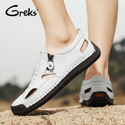 GREKS Men's Closed-Toe Fisherman Sandals Slip-On | Breathable Comfortable Casual Loafers for Summer Outdoor Driving & Walking | Side Zipper Hand-Sewn