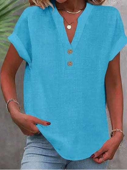 ZOELNIC Women's V-Neck Button-Front Placket T-Shirts - Short Sleeve Casual Summer Tops, Breathable Daily Wear Shirts Suitable for Spring/Summer, Solid Color Casual Wear, Machine Washable (No)