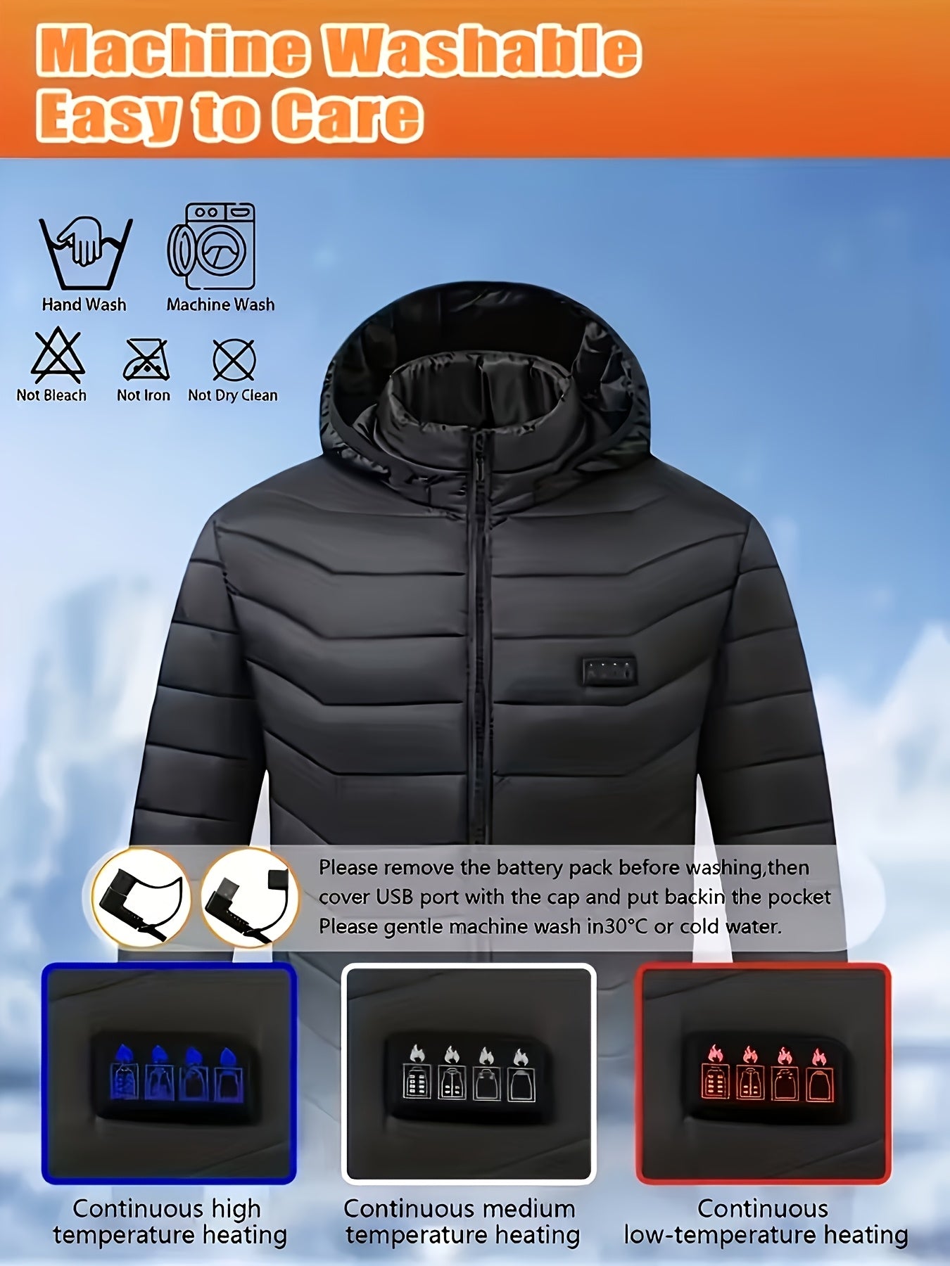Men'S Heated Jacket with 36 Heating Zones, Winter Cold-Proof Jacket Suitable for Men And Women, Outdoor Sports Coat, Warm Heated Clothing with Three-Level Temperature Adjustment, Usb-Powered Heating with Adjustable Temperature (Battery Not Included)