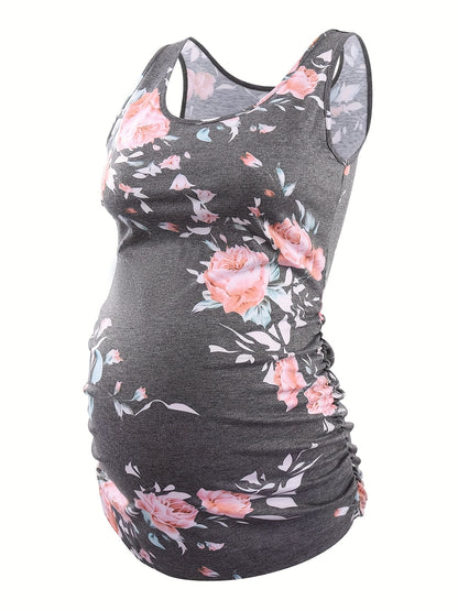 Women's Full Bump Coverage Maternity Tank Top - All-Stage Pregnancy Shirt with Side Ruching & Scoop Neck, Stretchy Rayon-Spandex Sleeveless Nursing Vest for Postpartum Wear, Breathable Belly-Friendly T-Shirt (No Chest Pads)