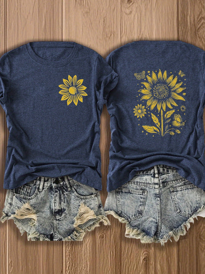 Women'S T-Shirt with Prints on Both Sides, a Gift for Independence Day on June 1St - Attractive Sunflower Design T-Shirt - Retro Style Patterned Top for Women, Perfect for Summer And Casual Outings, Stylish Floral Design