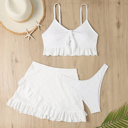26SS Summer Trend Solid Color Elegant Style 3pcs Bikini Set with Bow Detail - Eyelet Fabric, Ruffle Mini Skirt, High Elasticity, Suitable for Summer Beach