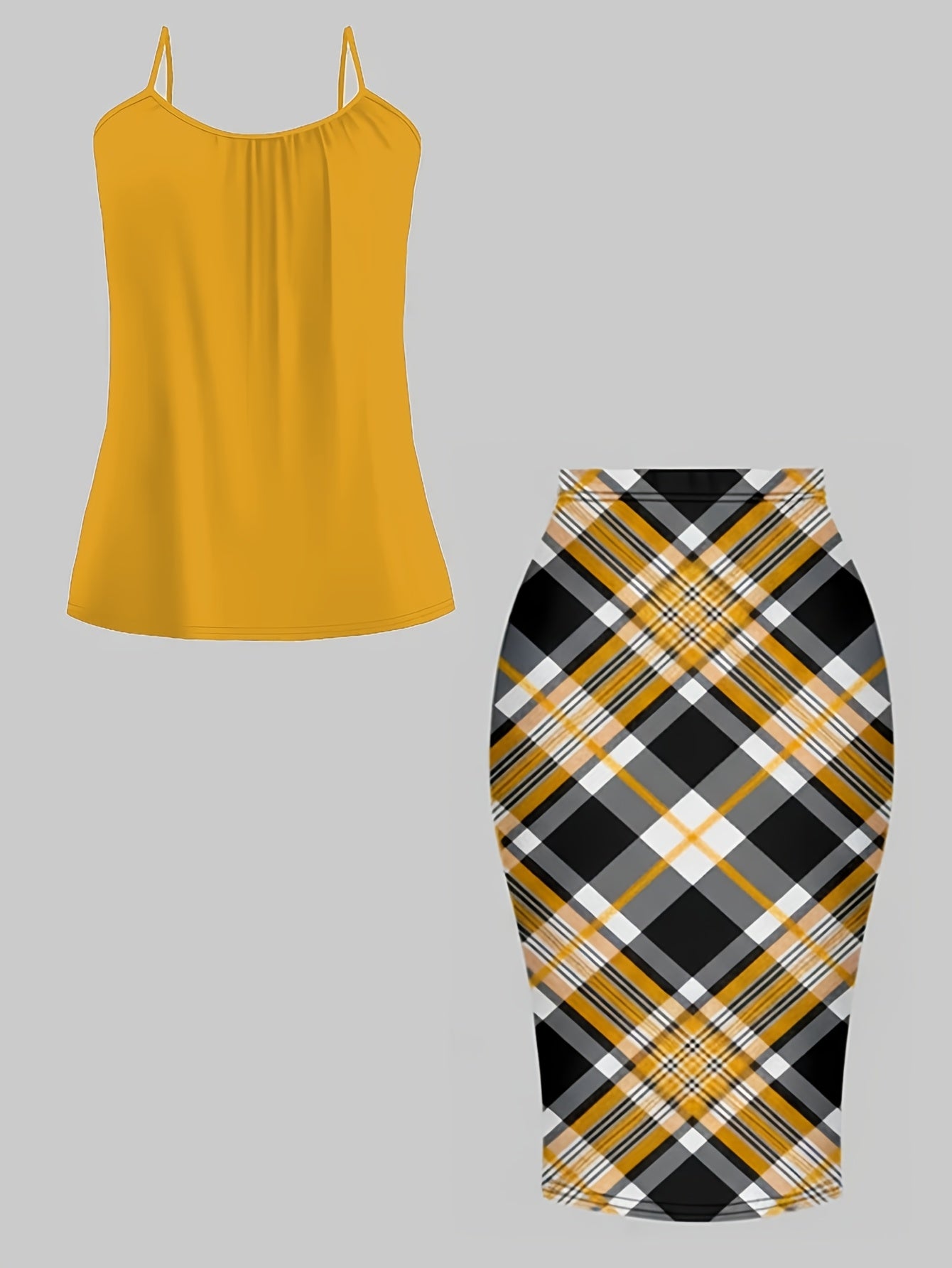Women'S Retro Irregular Hem Three-Quarter Sleeve Cardigan + Black Camisole and Plaid Bodycon Skirt Three-Piece Set - Spring/Autumn Commuter and Party Outfit