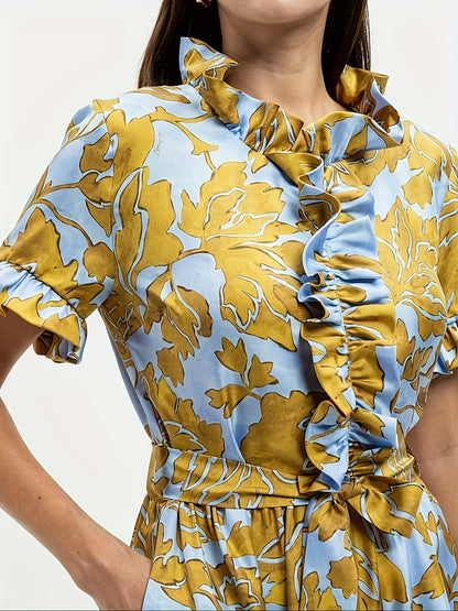 Maxi Dress with a Blue And Yellow Floral Pattern, Featuring Short Sleeves, a Tie Layer, Made from Imitation Tencel Fabric, Adorned with Chest Ruffles, a V-Neck, a Belt, Two Side Pockets, a Tiered Skirt, And a Straight Hem