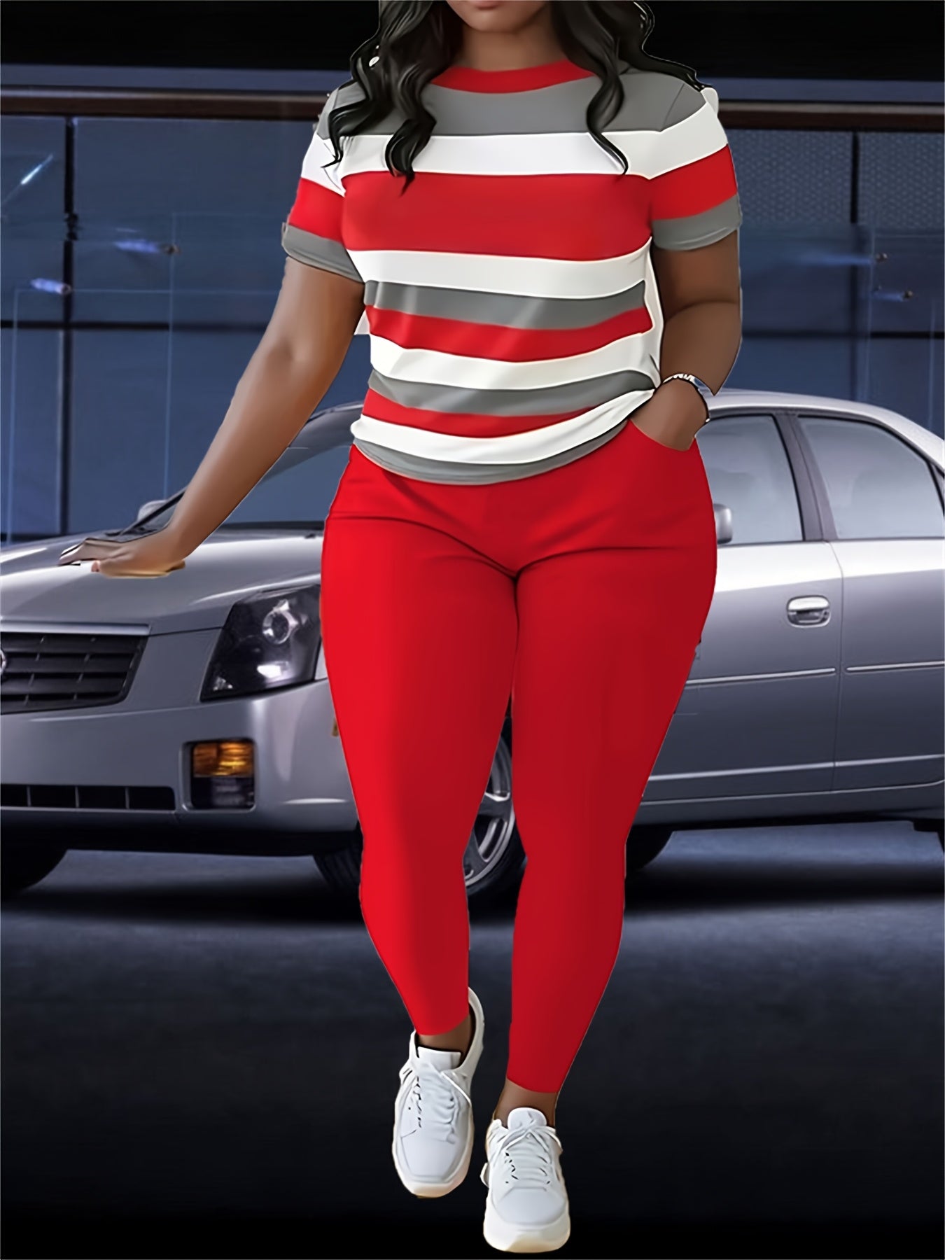 Plus Size Womens Casual Lash Sets Crew Neck Short Sleeve Top & Pocket Pants Outfit with Medium Stretch Random Printing And Machine Washable Perfect for Daily & Casual Scene