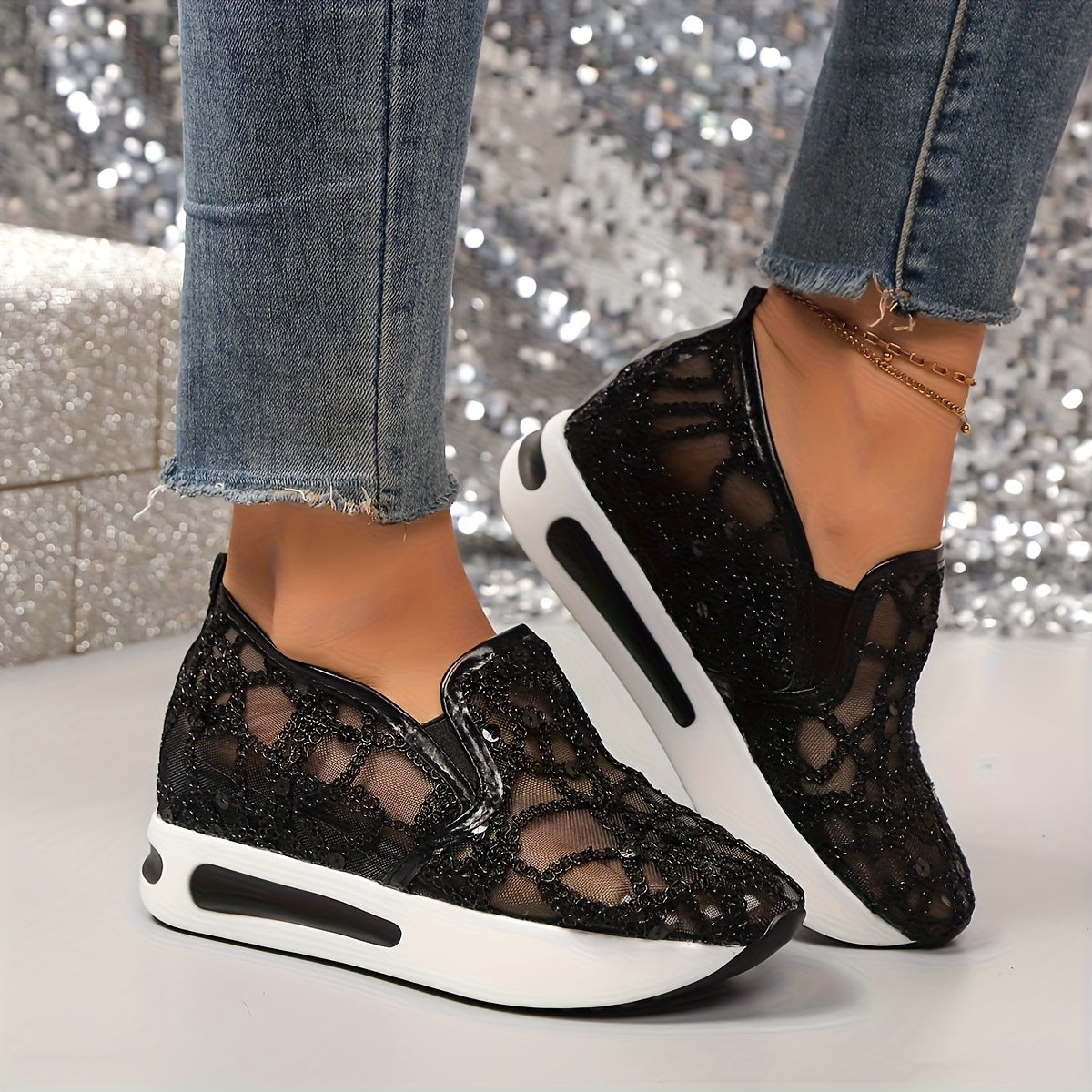 Sneakers, Women's Glittery Thick-Heeled Net Perforated Shoes, Height-Increasing Shock-Absorbing Sole, Four-Season Casual Shoes, Comfortable Sporty Style, Lightweight Design
