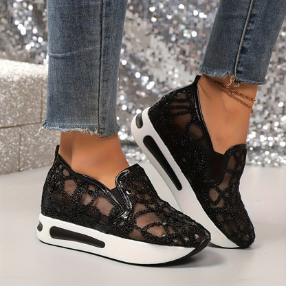 Sneakers, Women's Glittery Thick-Heeled Net Perforated Shoes, Height-Increasing Shock-Absorbing Sole, Four-Season Casual Shoes, Comfortable Sporty Style, Lightweight Design