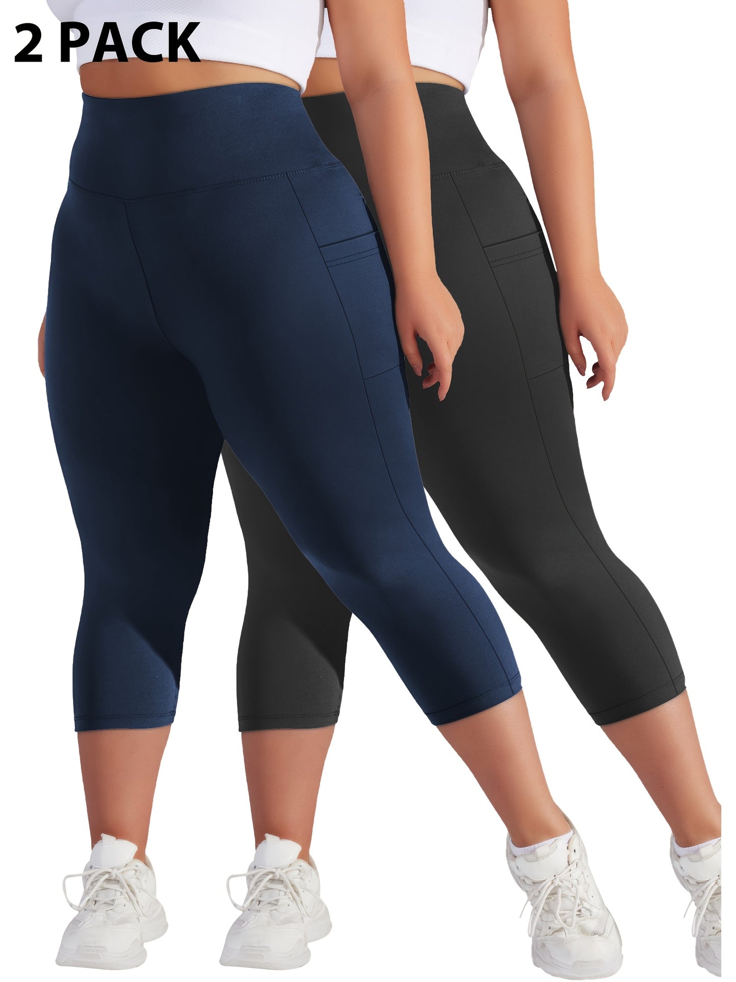 Plus Size - 2pcs Set - Plus Size High-Waisted Pocket Capri Pants - Soft Suitable for And Workouts - Elegant Style - New Spring And Summer Collection - Targeted Design