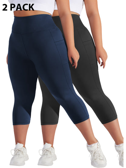 Plus Size - 2pcs Set - Plus Size High-Waisted Pocket Capri Pants - Soft Suitable for And Workouts - Elegant Style - New Spring And Summer Collection - Targeted Design