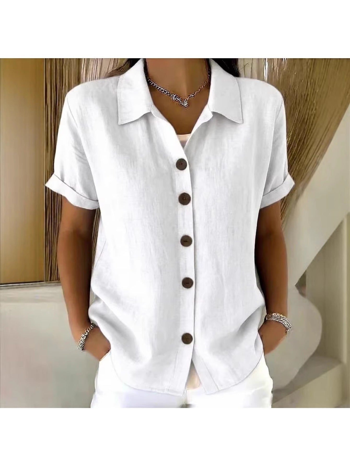 [Casual Loose Fit Blouse] Women's Collared Short Sleeve Button Shirt Casual Loose Fit Fashion Blouse for Ladies Spring Summer Daily Wear Office Work Vacation Beach Streetwear Weekend Holiday Travel Outfit Trendy Female Casual Attire Casual Tops