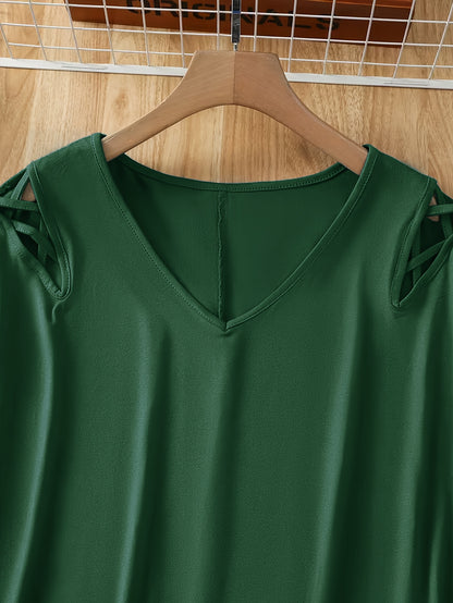 Plus Size Women'S Loose-Fitting Short-Sleeve V-Neck Tee - Stylish V-Neck Style Featuring Open Cross Elements. Perfect for Both Casual And Formal Settings During Spring And Summer, Making It Great for Everyday Wear And Special Events