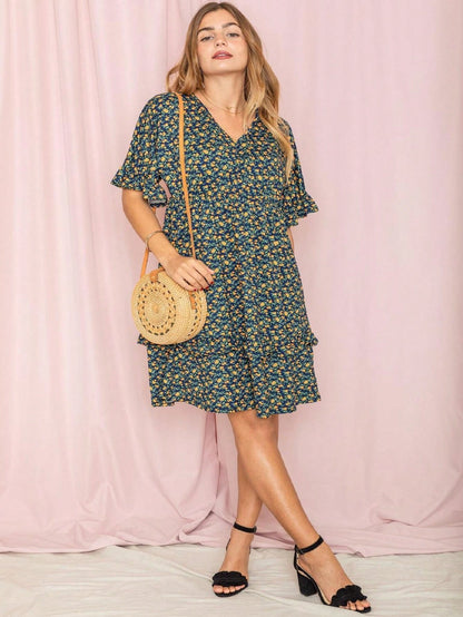 Vintage Boho Navy Pink Yellow White Charcoal Floral Ruffle flutter Trim Midi Dress S-3X