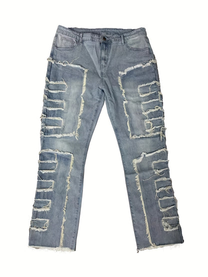 Men's Slim-Fit Stretch Jeans with Fringe Tassel decoration - Hip-Hop Skateboard Style Straight Pants, Washed Denomination for all- Wear (Machine Washable, Urban Streetwear) - Comfortable & Trendy for Skating & Everyday