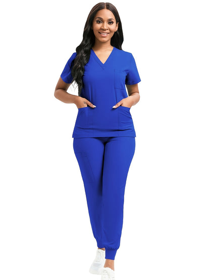 [Scrub Suit Set] Scrub Suit Set For Women Modern V-Neck Top T-Shirt & Tapered Leg Jogger Pants With Drawstring 2pcs Set Nursing Uniforms Set Suitable For Pet Hospitals, Dental Clinics, Nursing Work, Etc