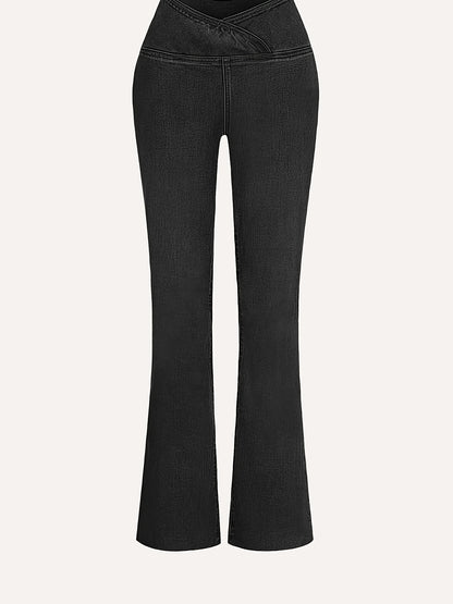 Women's High-Waisted Stretch Jeans - Wide-Leg Bell-Bottom Flared Pants with Cross-Waist , -Like Rayon//Spandex (75/23/2%), All-Season Casual to Dressy Wear, Wrinkle-Resistant Trousers