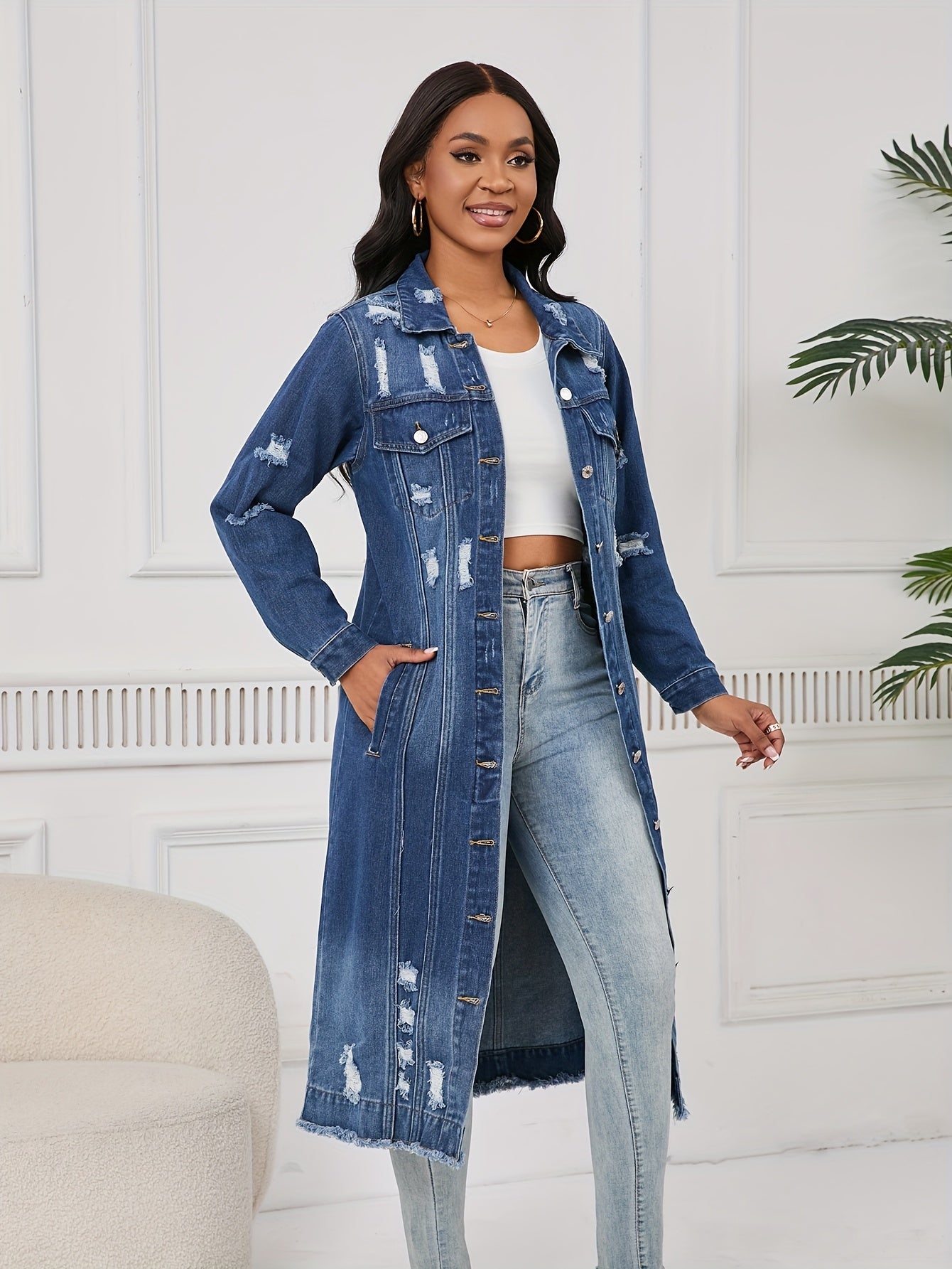 Long Ripped Denim Jacket with Real Pockets, Casual Windbreaker