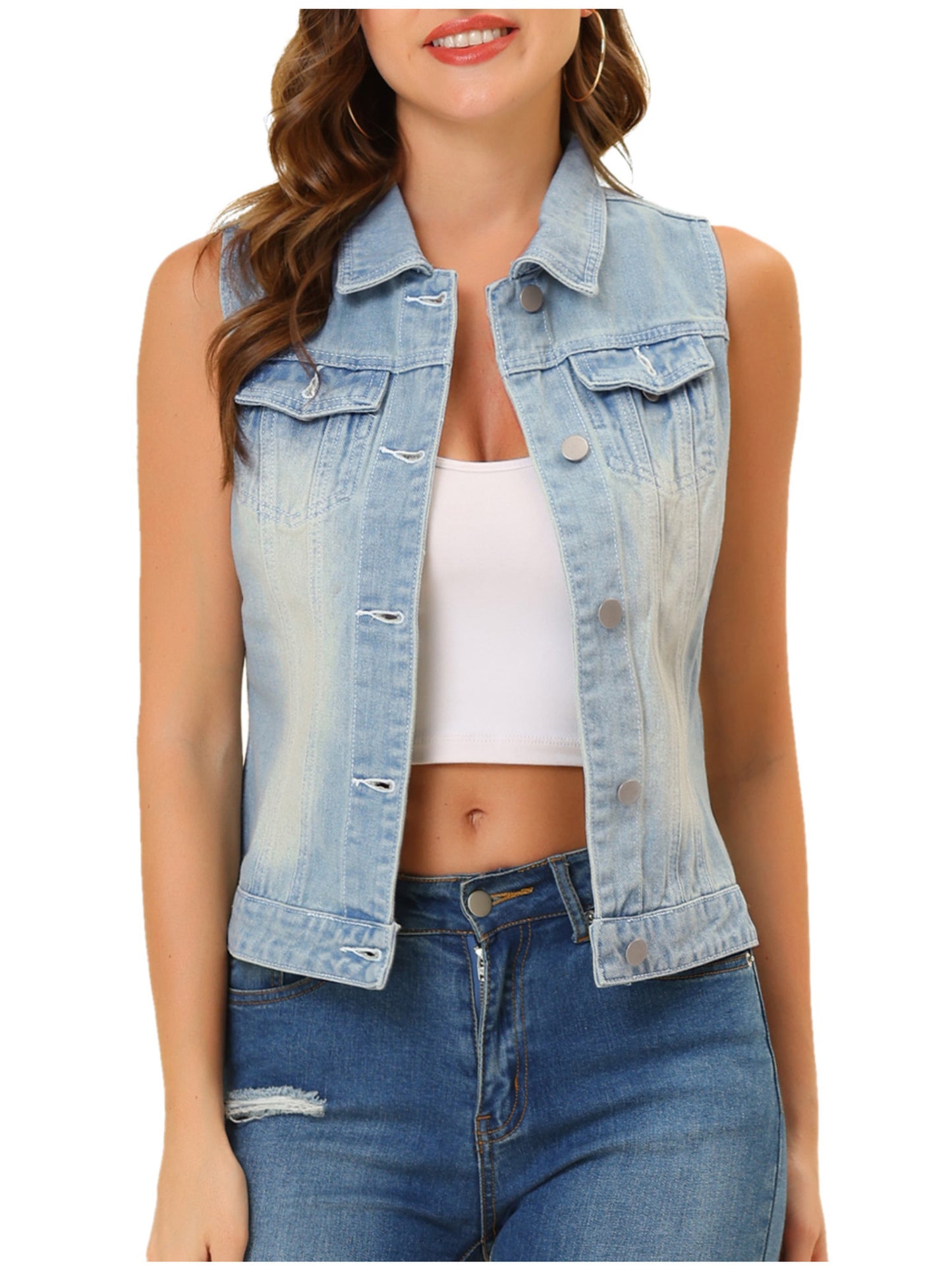 Women's Buttoned Washed Denim Vest Jacket W Chest Flap Pockets